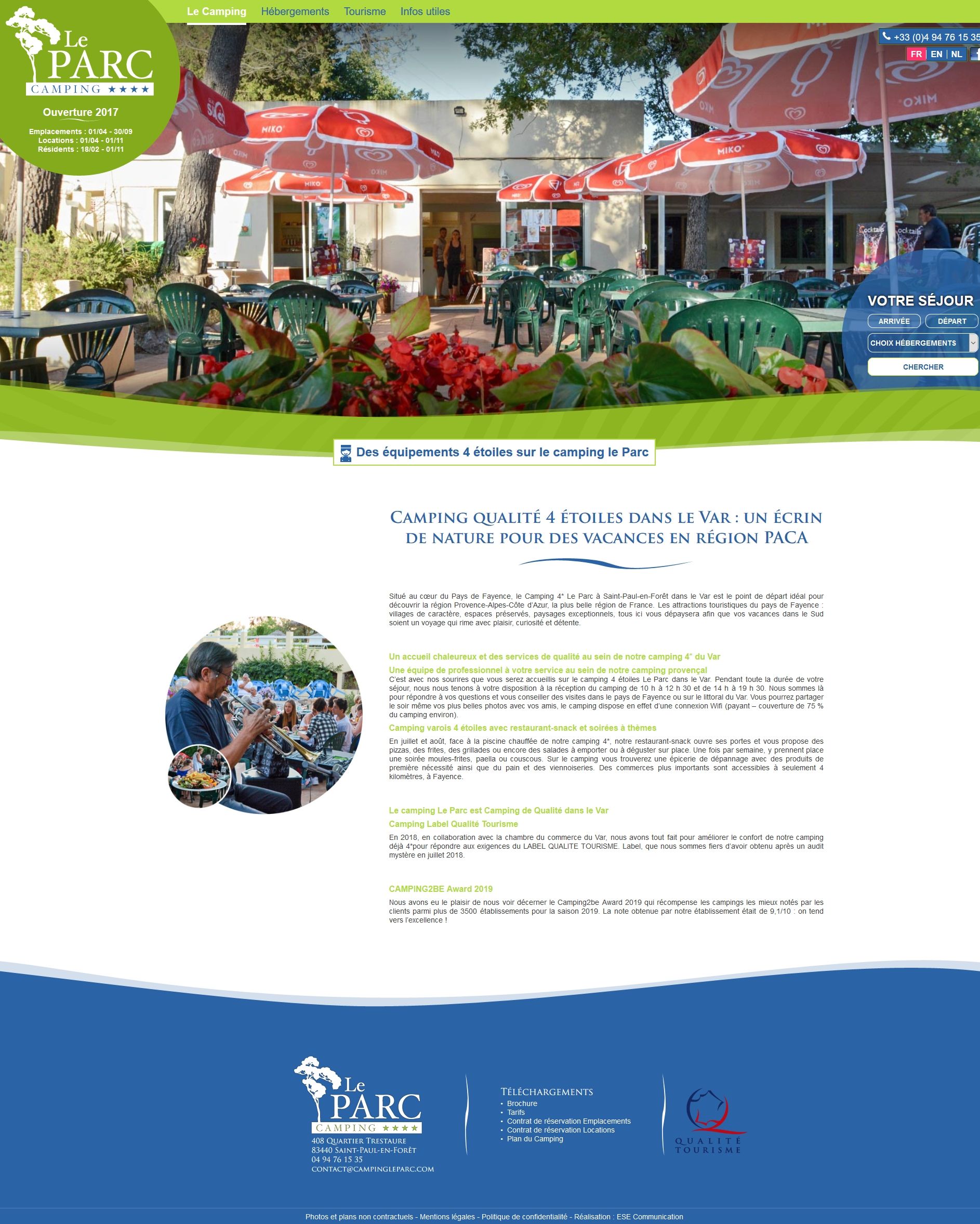 Page du site du camping Le Parc